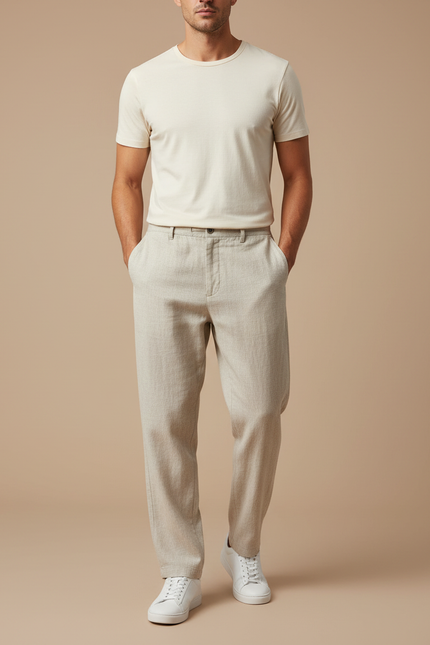 Pantalon Beige Droit Léger Coton Lin Homme
