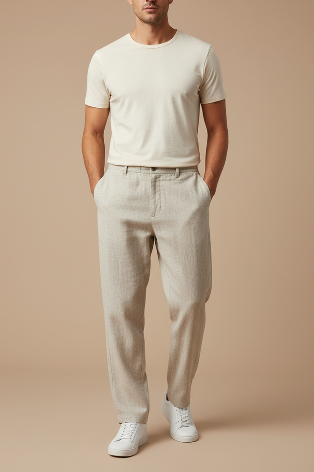 Pantalon Beige Droit Léger Coton Lin Homme