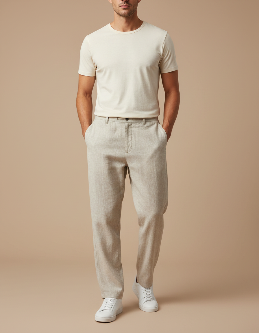Pantalon Beige Droit Léger Coton Lin Homme
