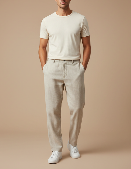 Pantalon Beige Droit Léger Coton Lin Homme