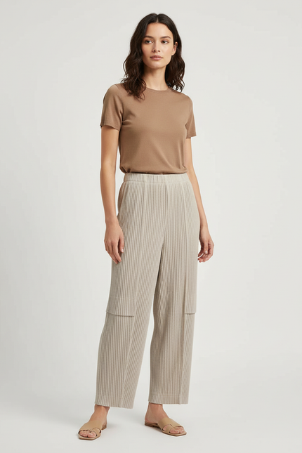 Pantalon Beige Plissé Côtelé Ample Décontracté Femme - Maille