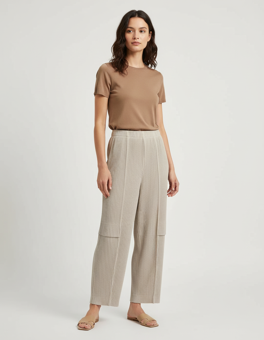 Pantalon Beige Plissé Côtelé Ample Décontracté Femme - Maille