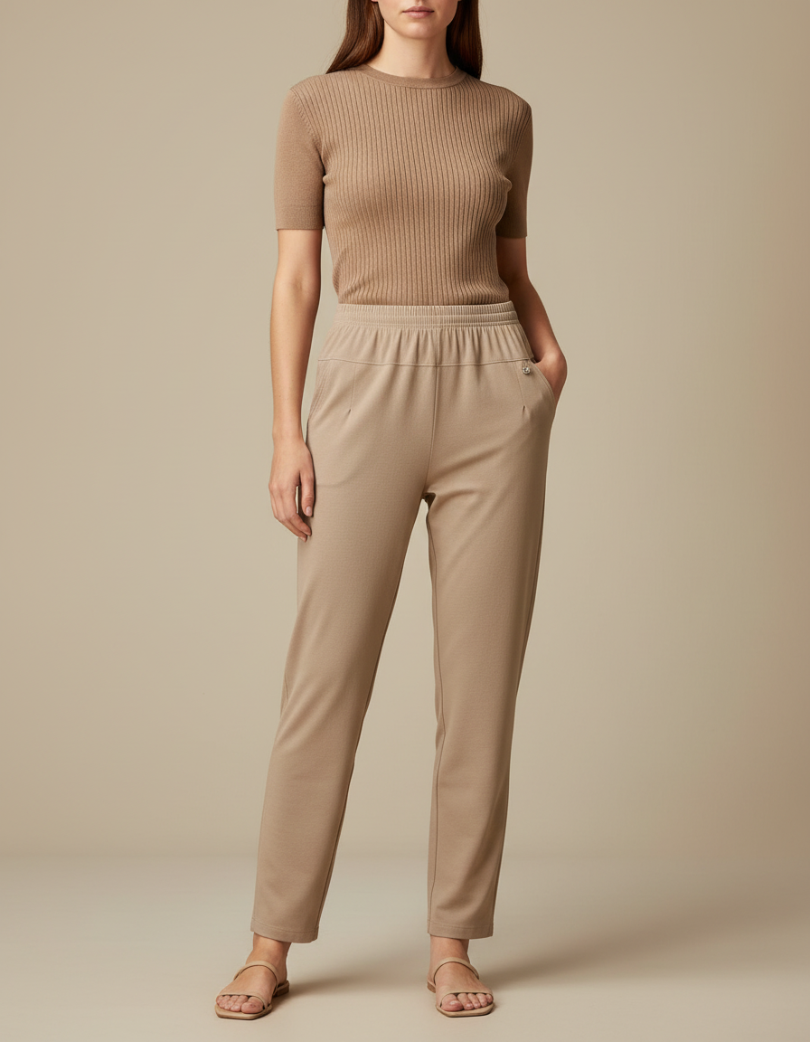 Pantalon Beige Fluide Décontracté Taille Élastique Femme - Maille