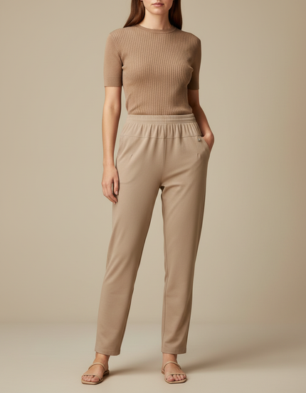 Pantalon Beige Fluide Décontracté Taille Élastique Femme - Maille