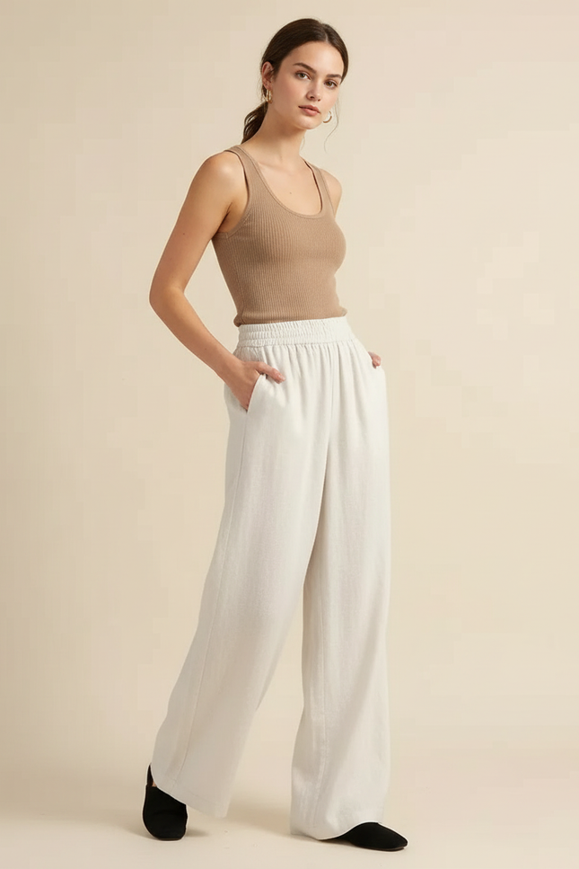 Pantalon Beige Lin Fluide Ample Taille Élastique