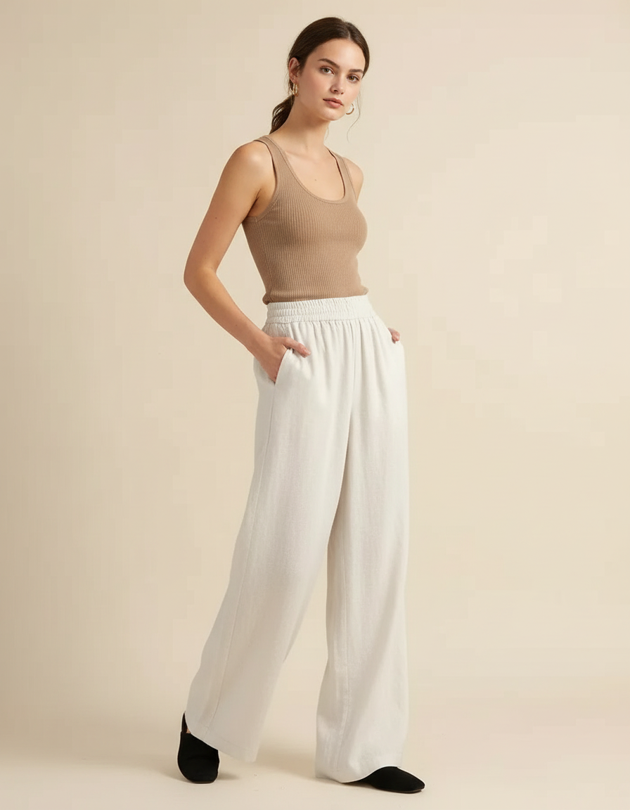 Pantalon Beige Lin Fluide Ample Taille Élastique