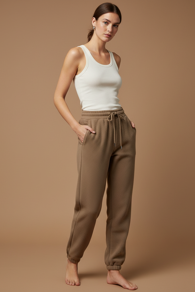 Pantalon Beige Molletonné Confortable Ample Décontracté - Marron