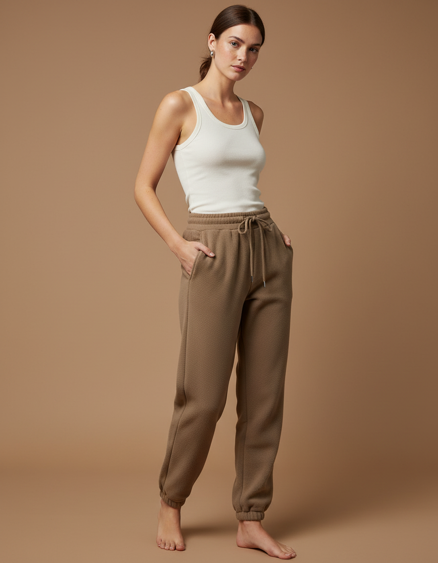 Pantalon Beige Molletonné Confortable Ample Décontracté - Marron
