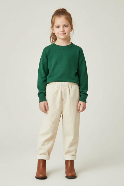 Pantalon Beige Côtelé Ample Élastique Enfant Hiver - Cordé