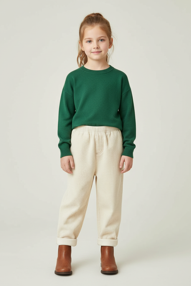 Pantalon Beige Côtelé Ample Élastique Enfant Hiver - Cordé