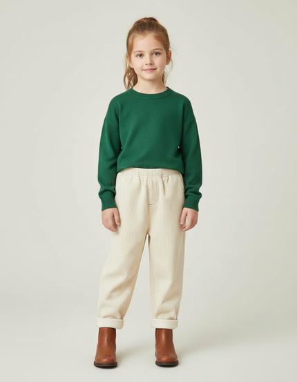 Pantalon Beige Côtelé Ample Élastique Enfant Hiver - Cordé