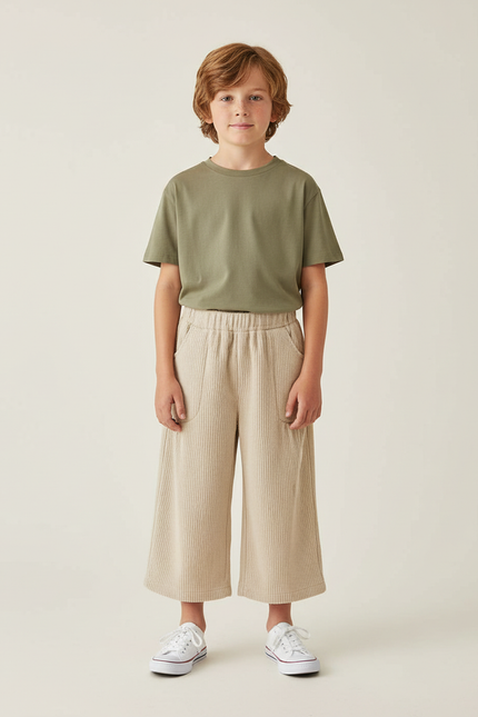 Pantalon Beige Côtelé Ample Enfant Décontracté Élastique - Cordé