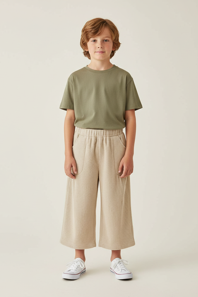 Pantalon Beige Côtelé Ample Enfant Décontracté Élastique - Cordé