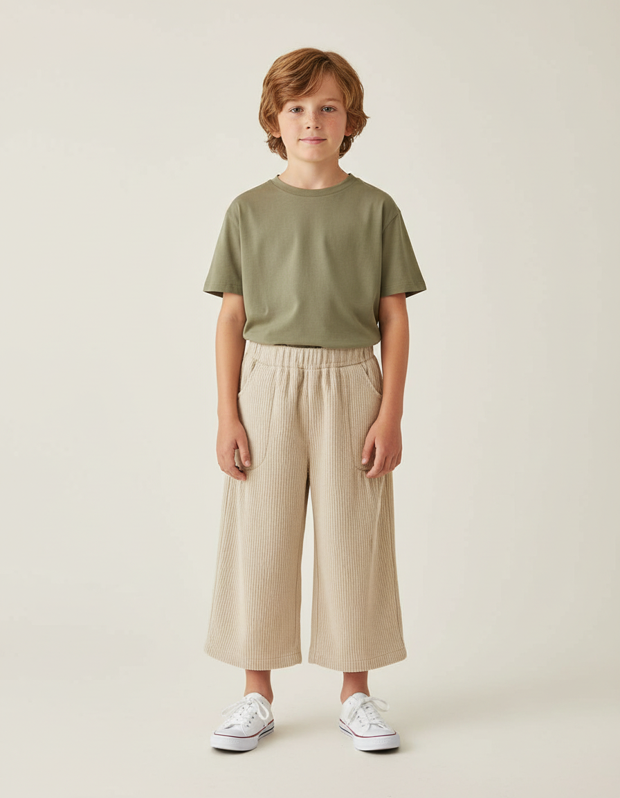 Pantalon Beige Côtelé Ample Enfant Décontracté Élastique - Cordé
