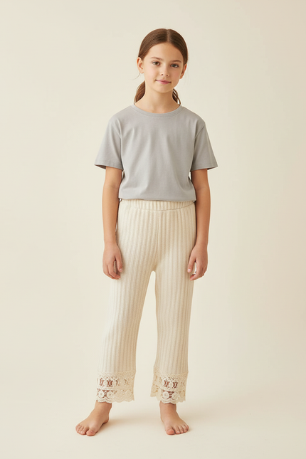 Pantalon Beige Côtelé Tricoté Dentelle Fille Confortable - Maille