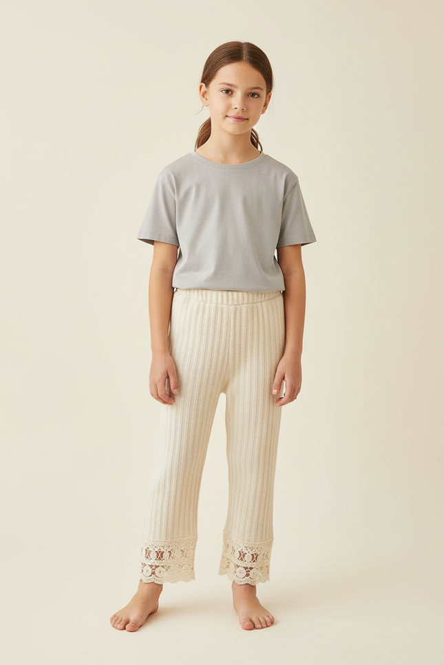 Pantalon Beige Côtelé Tricoté Dentelle Fille Confortable - Maille