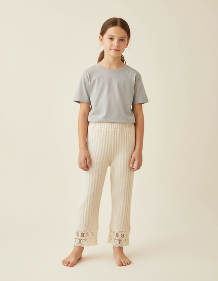 Pantalon Beige Côtelé Tricoté Dentelle Fille Confortable - Maille