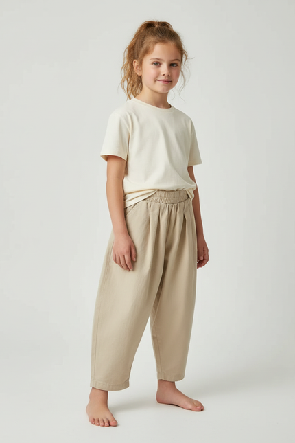 Pantalon Beige Ample Coton Enfant Décontracté Plié