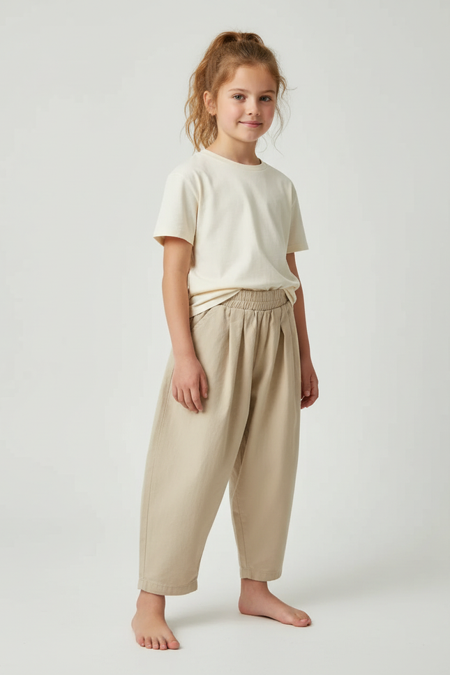 Pantalon Beige Ample Coton Enfant Décontracté Plié