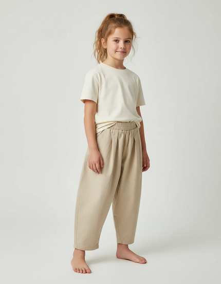 Pantalon Beige Ample Coton Enfant Décontracté Plié