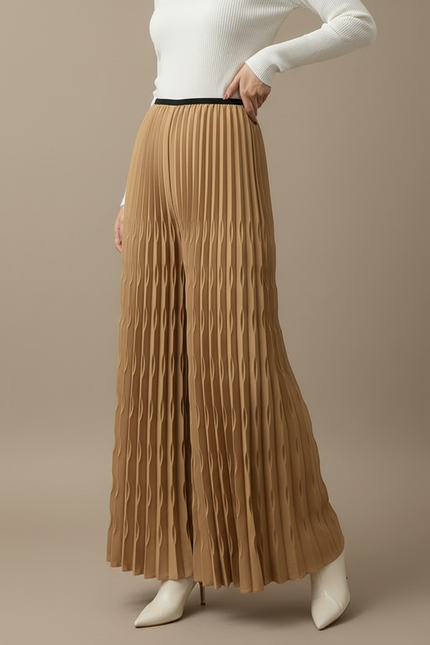 Pantalon Beige Plissé Élastique Large Fluide Femme - Camel Polyester