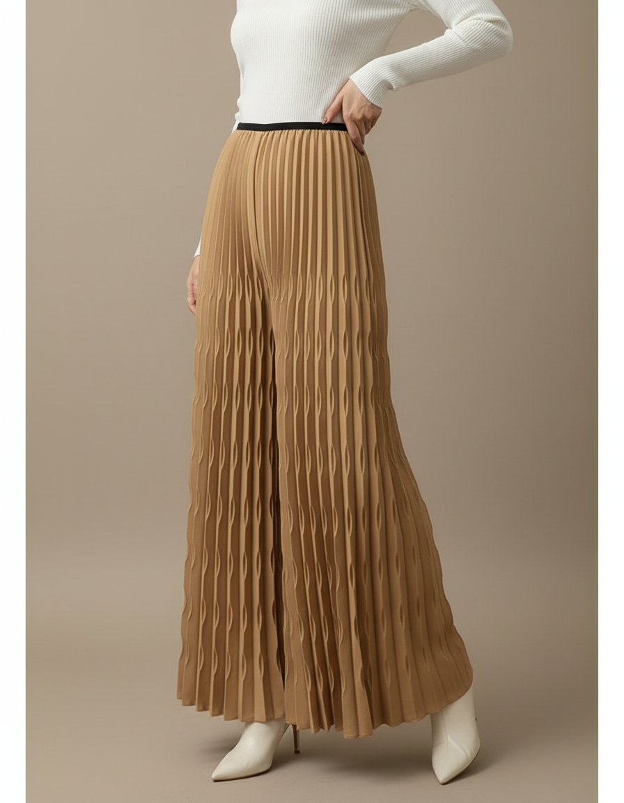 Pantalon Beige Plissé Élastique Large Fluide Femme - Camel Polyester