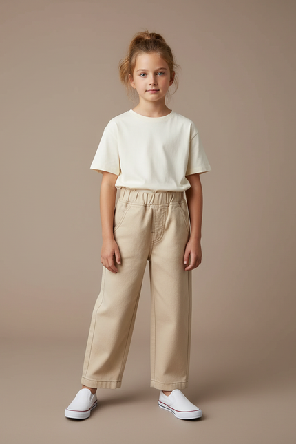 Pantalon Beige Large Coton Élastiqué Enfant Décontracté