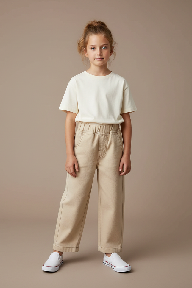 Pantalon Beige Large Coton Élastiqué Enfant Décontracté