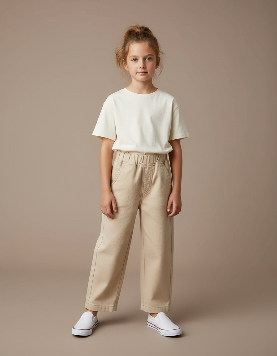 Pantalon Beige Large Coton Élastiqué Enfant Décontracté