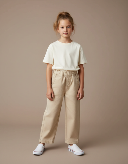 Pantalon Beige Large Coton Élastiqué Enfant Décontracté