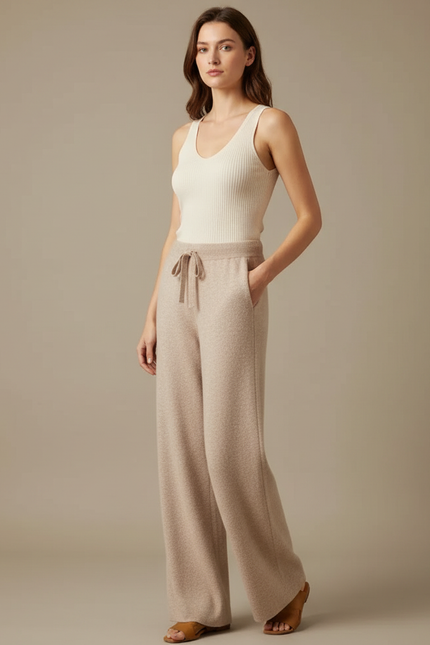 Pantalon Beige Tricoté Ample Confortable Décontracté Femme - Maille
