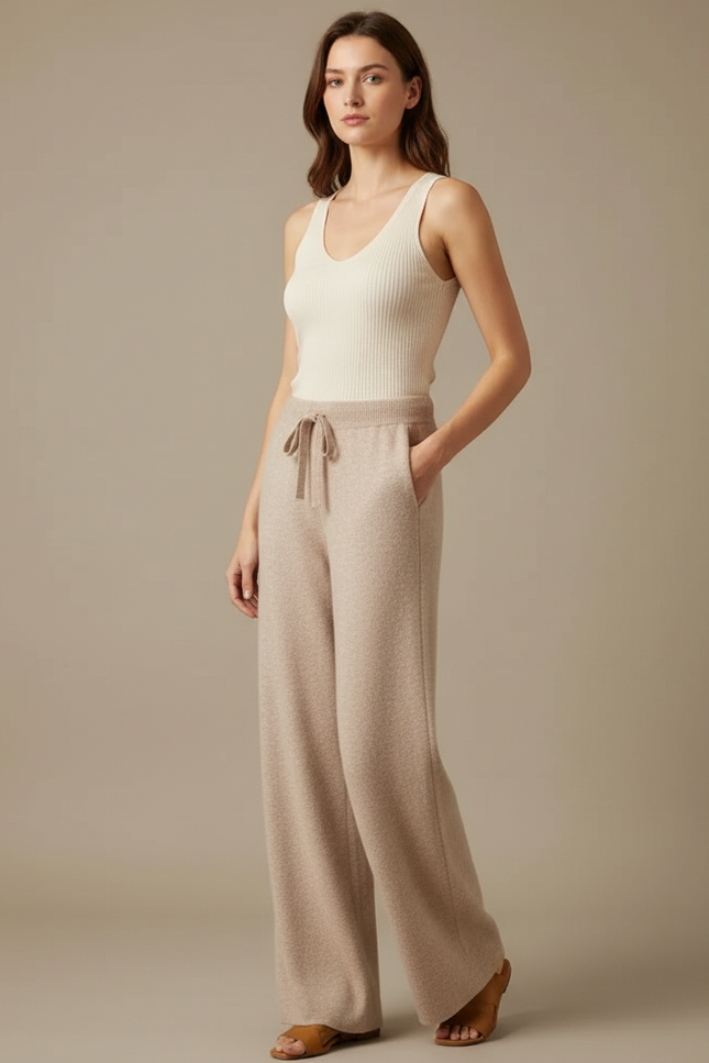Pantalon Beige Tricoté Ample Confortable Décontracté Femme - Maille