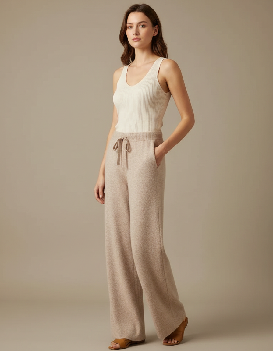 Pantalon Beige Tricoté Ample Confortable Décontracté Femme - Maille