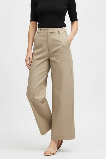 Pantalon Beige Coton Taille Haute Ample Jambe Large - Gabardine