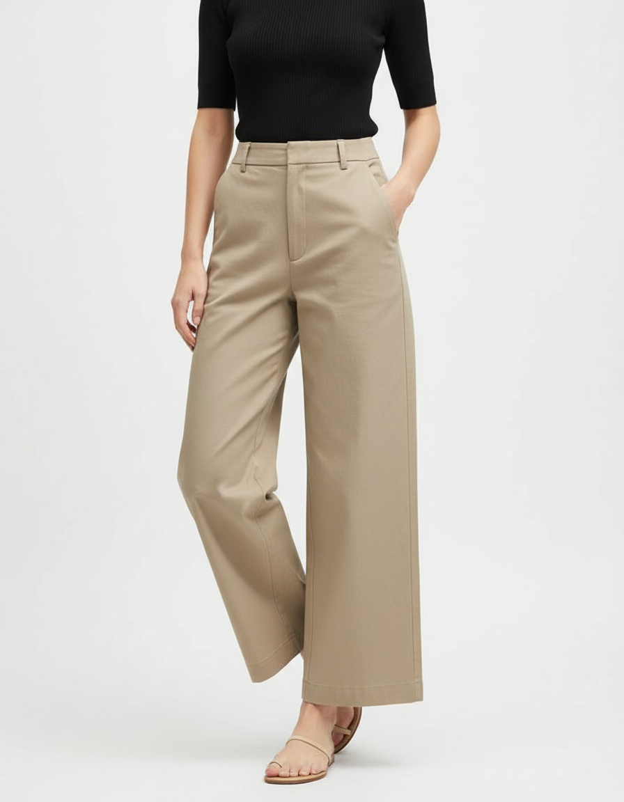 Pantalon Beige Coton Taille Haute Ample Jambe Large - Gabardine
