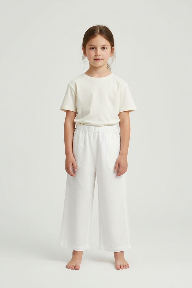 Pantalon Beige Lin Ample Enfant Court Confortable - Blanc