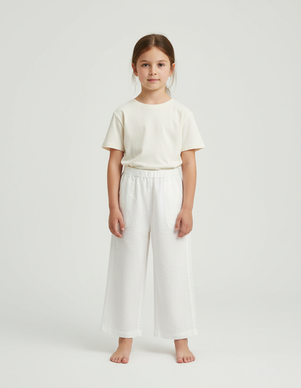 Pantalon Beige Lin Ample Enfant Court Confortable - Blanc