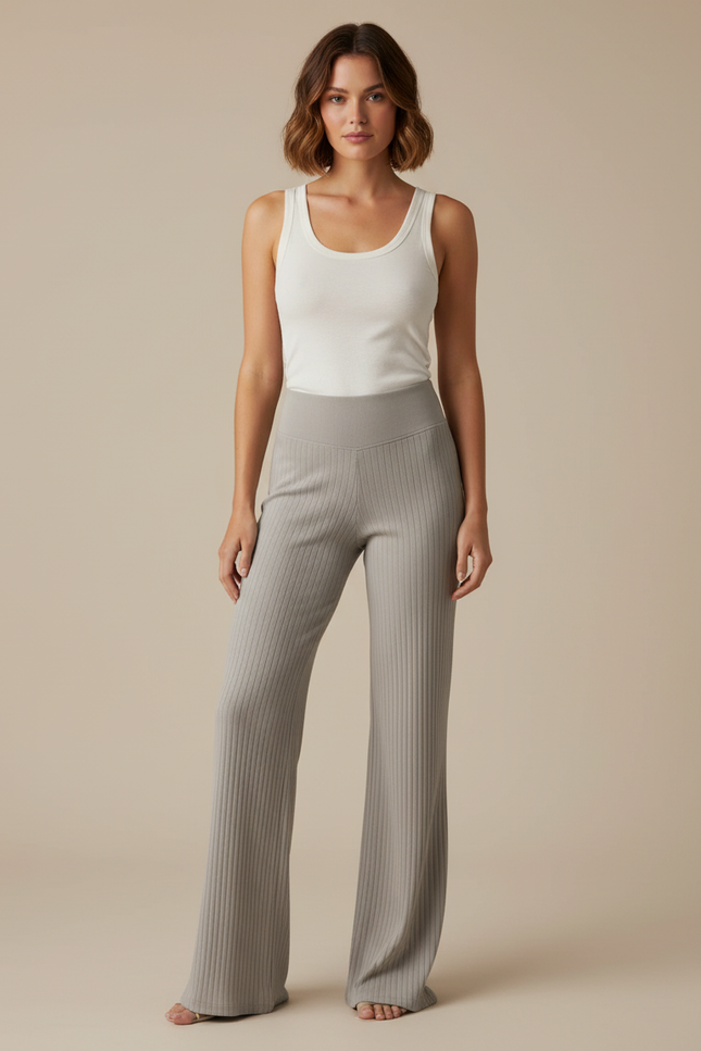 Pantalon Beige Côtelé Évasé Taille Haute Confortable - Gris Maille