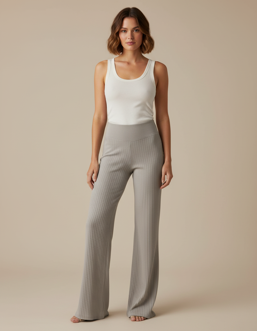 Pantalon Beige Côtelé Évasé Taille Haute Confortable - Gris Maille