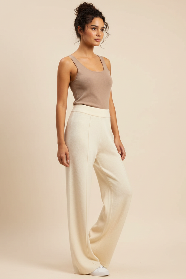 Pantalon Beige Maille Ample Tricoté Élégant Femme