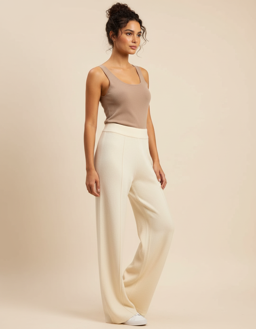 Pantalon Beige Maille Ample Tricoté Élégant Femme