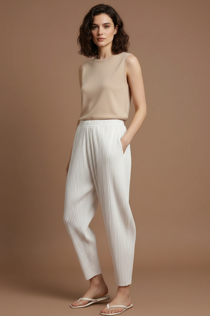 Pantalon Beige Plissé Fluide Décontracté Élégant Femme - Blanc Polyester
