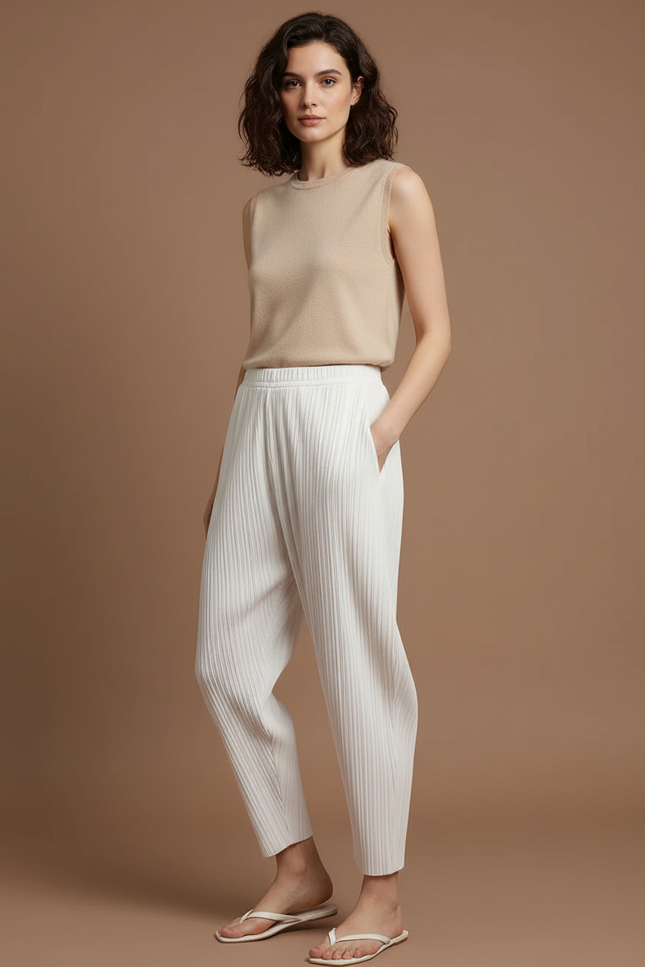 Pantalon Beige Plissé Fluide Décontracté Élégant Femme - Blanc Polyester
