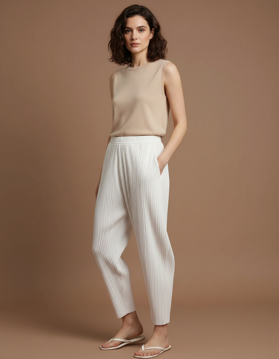 Pantalon Beige Plissé Fluide Décontracté Élégant Femme - Blanc Polyester