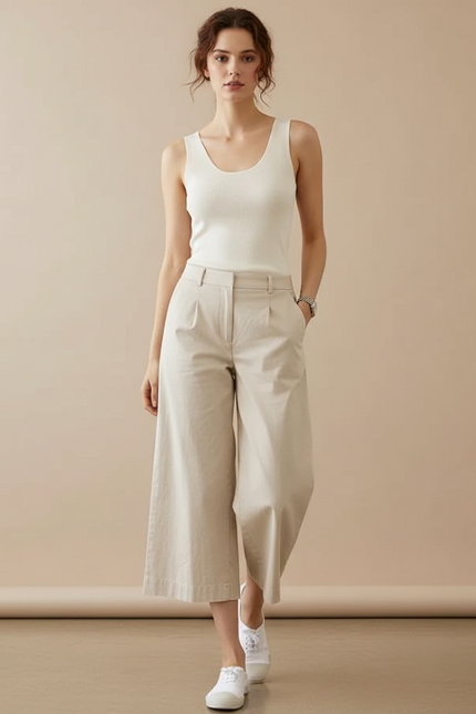 Pantalon Beige Taille Haute Ample Coton Fluide
