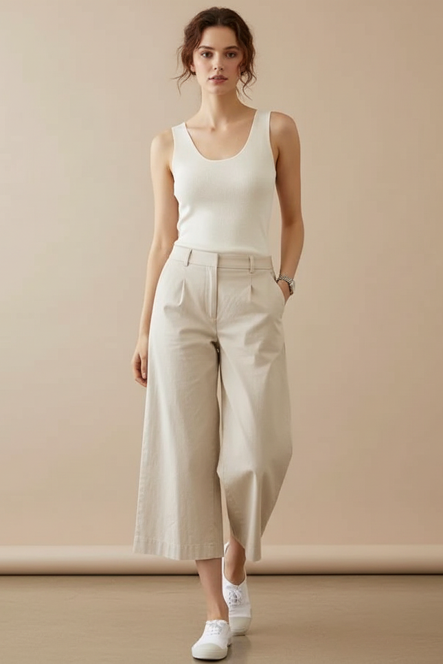 Pantalon Beige Taille Haute Ample Coton Fluide