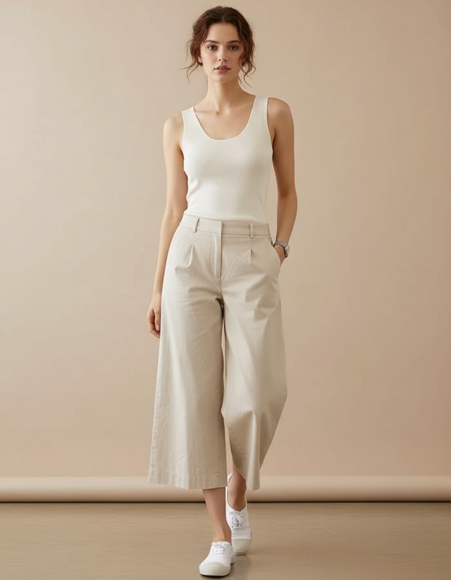 Pantalon Beige Taille Haute Ample Coton Fluide