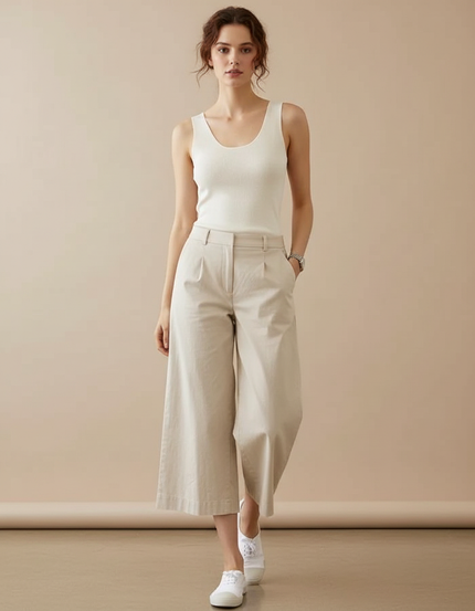 Pantalon Beige Taille Haute Ample Coton Fluide
