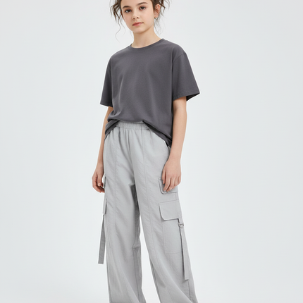 Pantalon Beige Cargo Droit Ample Enfant Fille - Gris Polyester