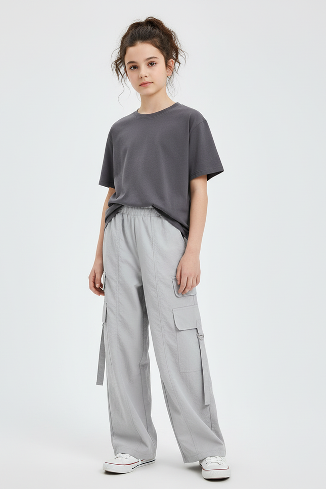 Pantalon Beige Cargo Droit Ample Enfant Fille - Gris Polyester